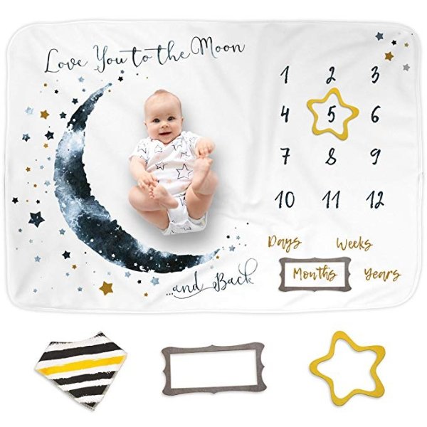 Baby Monthly Milestone Blanket for Baby Boy and Girl, Baby Photo Blanket for Newborn Baby Shower, Monthly Blanket for Baby Pictures, Includes Bandana Drool Bib + 2 Frames, Large 60"x40"