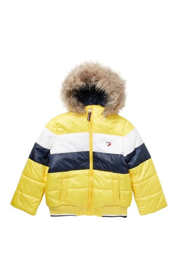 Colorblock Puffer With Removable Faux Fur Hood(Big Girls)