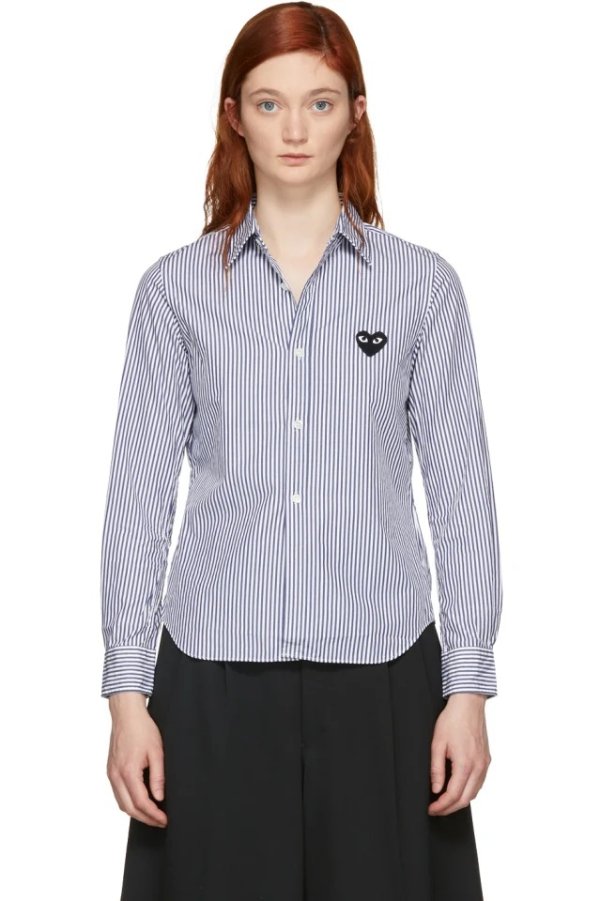 Blue & White Striped Heart Patch Shirt