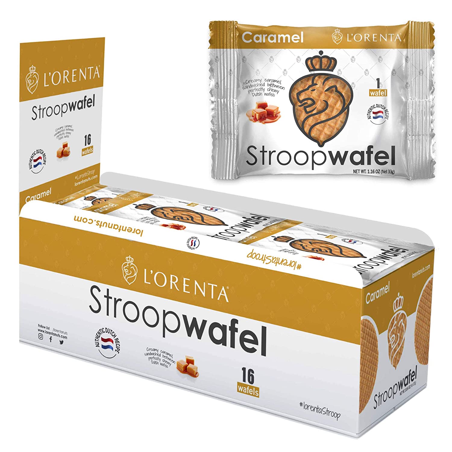 L'Orenta Stroopwafels - Wafer Cookies for Dunking In Coffee - Authentic Dutch Recipe - Non GMO - Made By Dutch Bakers - No Artificial Sweeteners (Caramel, 16 Wafels) 饼干 