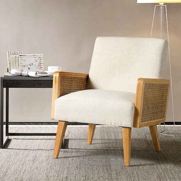 Delphine Upholstered Cane Accent Chair with Rattan Arms