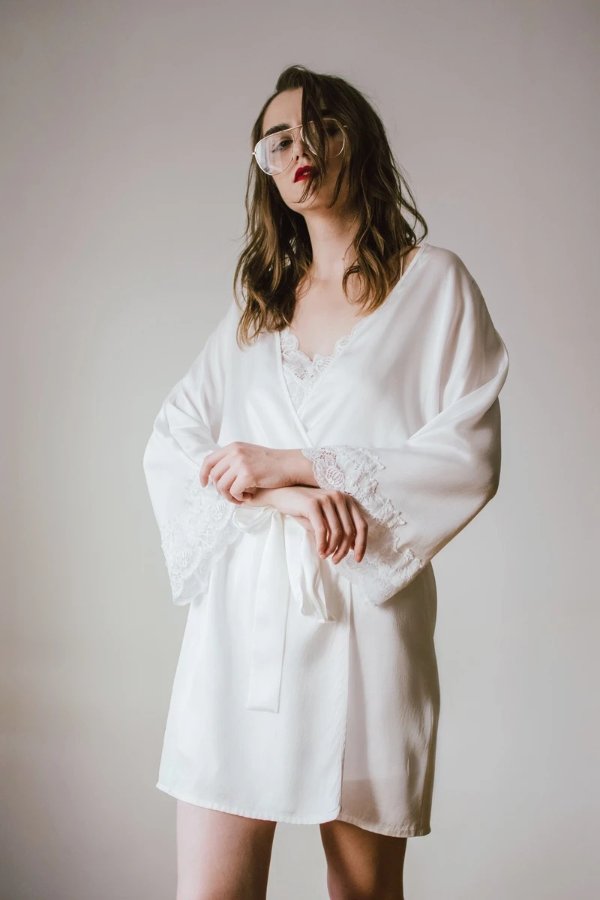Lace-Trimmed Silk Satin Robe-White