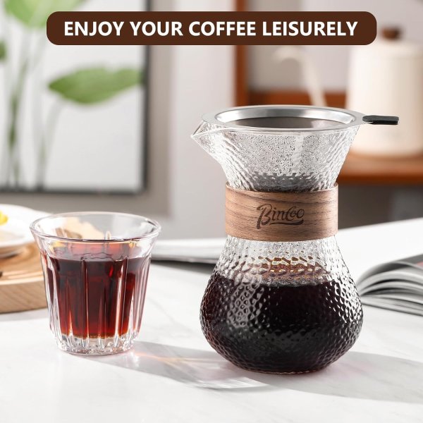 Glass Drip Coffee Maker Set with Permanent Filter, 400ML Glass Coffee Drip Pot, Heat Resistant Pour Over Coffee Maker with Glass Carafe