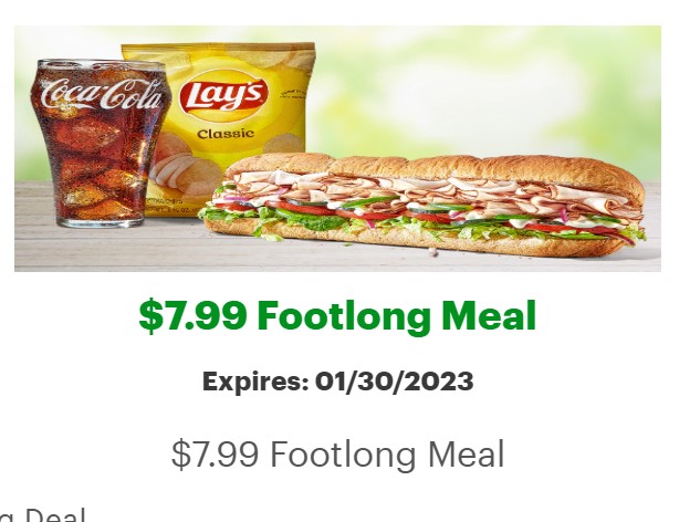 Subway 限时Deal: $7.99可购买任一footlong三明治+side+饮料