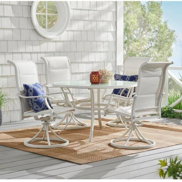 Riverbrook Shell White 5-Piece Outdoor Patio Aluminum Round Glass Top Dining Set with Padded Sling Swivel Chairs