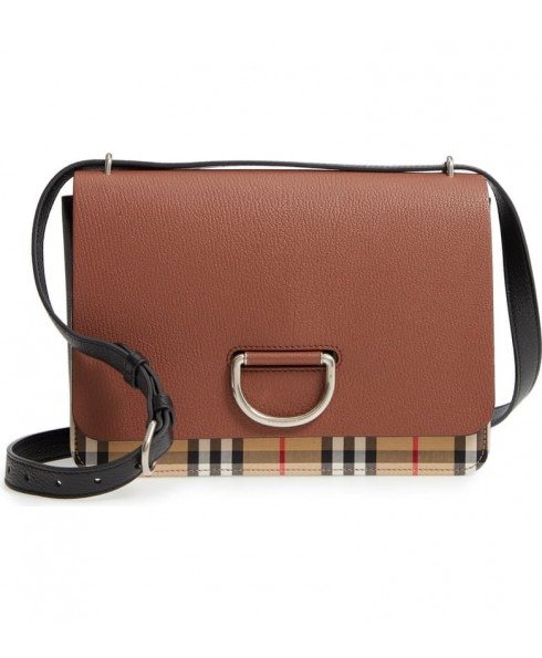 The D-Ring Medium Bag in Tan Leather with Vintage Check Motif