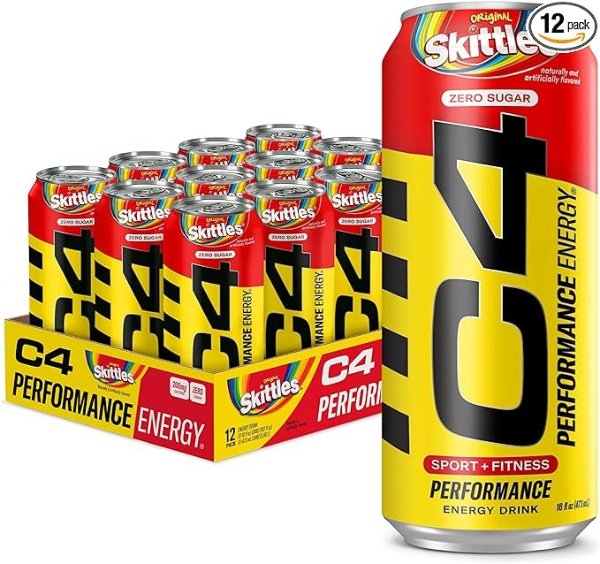 C4 Energy Drink, Skittles, Carbonated Sugar Free Pre Workout Performance Drink with no Artificial Colors or Dyes, 16 Oz, Pack of 12