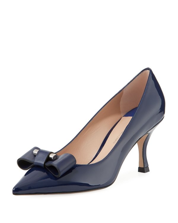 Belle Pointe Shiny Leather Bow Mid-Heel Pumps