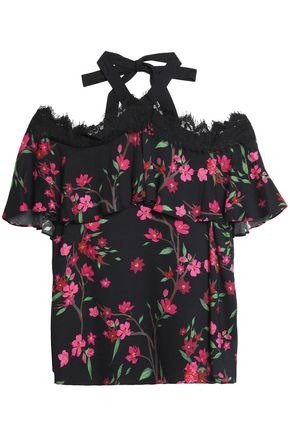 Off-the-shoulder lace-trimmed floral-print crepe de chine blouse