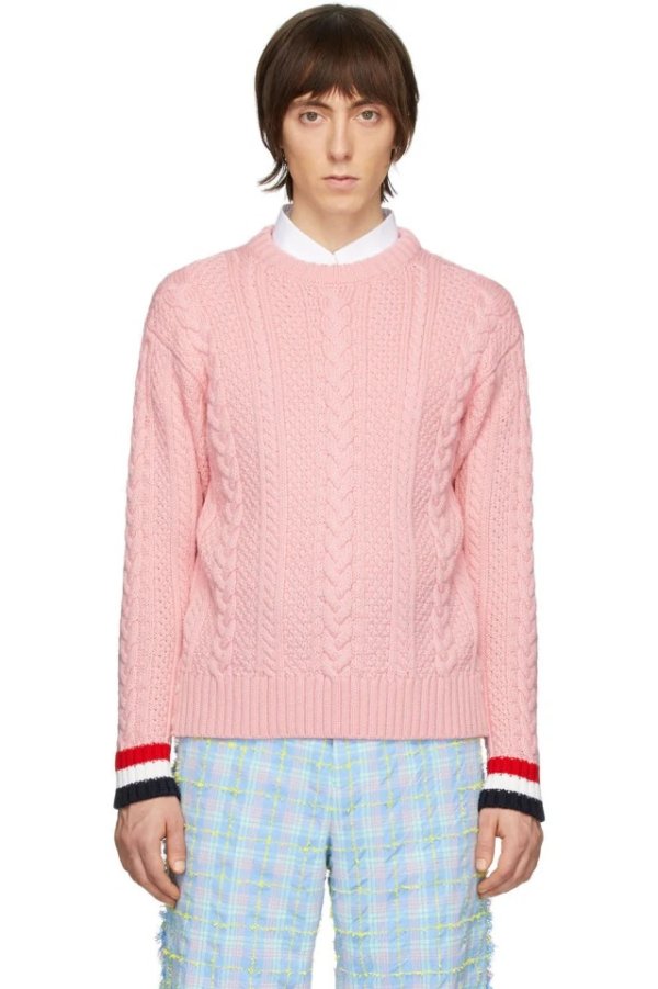 Pink Merino Aran Cable Sweater