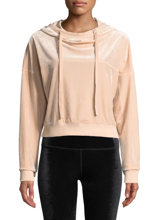Layer Velour Long-Sleeve Hooded Pullover Top
