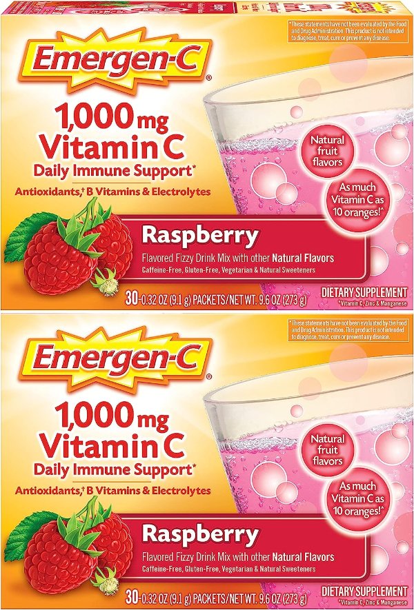 1000mg Vitamin C Powder, with Antioxidants, B Vitamins and Electrolytes, Vitamin C Supplements for Immune Support, Caffeine Free Drink Mix, Raspberry Flavor - 60 Count