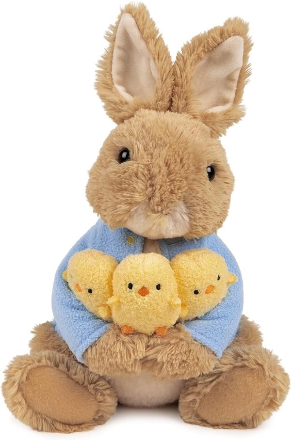 Beatrix Potter Peter Rabbit Holding Chicks Plush, Stuffed Animal for Ages 1 and Up, Brown/Blue, 9.5”