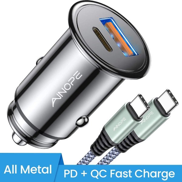 AINOPE All Metal 36W PD&QC3.0 Dual Port Car Charger