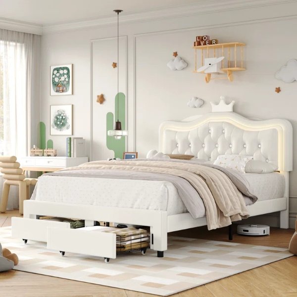 Largent Leather Upholstered Platform Bed with LED Lights and Crown Headboard
