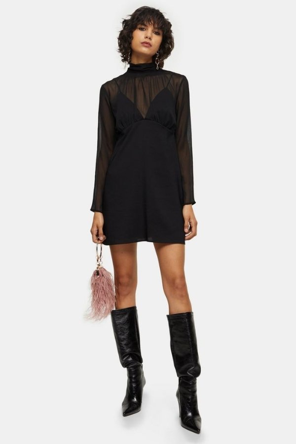 Black Shirred Neck Mini Dress
