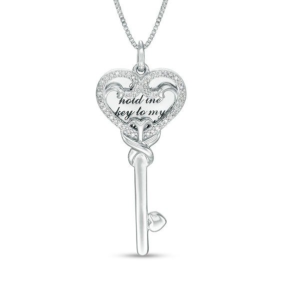 1/8 CT. T.W. Diamond Love Message Disc and Heart-Top Key Pendant in Sterling Silver|Zales