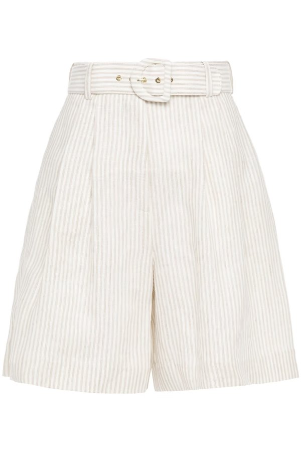 Belted pleated striped linen culottes