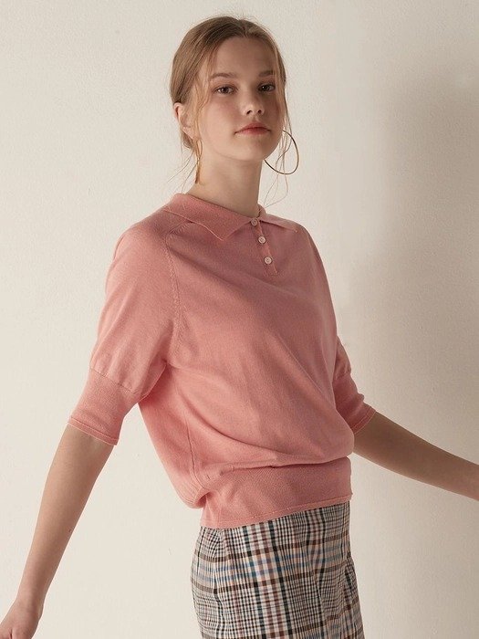 Short Sleeve Collar Knit Top Pink