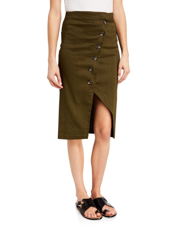 Button-Front Linen Pencil Skirt