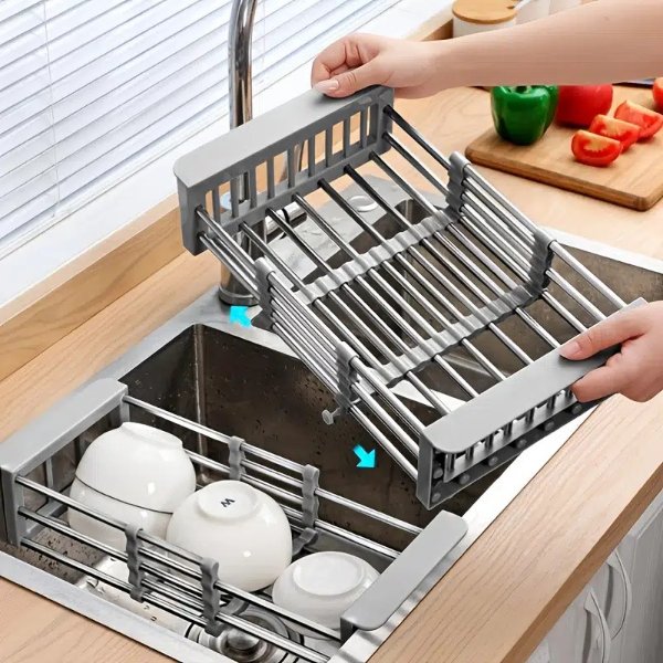 1pc Drain Rack, Stainless Steel Kitchen Basket, Home Dish Rack, Retractable Sink Shelf, 8.81*(11.22-18.5)*3.7in, Suitable For Rectangular Sink - Home & Kitchen - Temu
