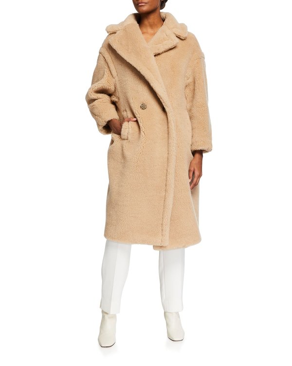 Double-Breasted Camel Wool-Blend Teddy Coat
