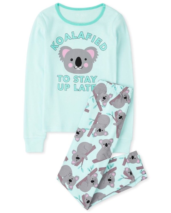 Girls Long Sleeve 'Koalafied To Stay Up Late' Snug Fit Cotton Pajamas