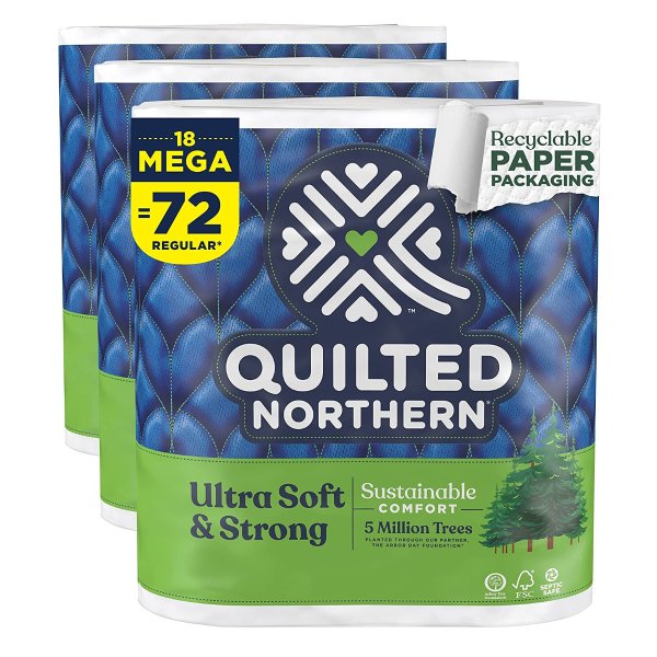 Ultra Soft & Strong Toilet Paper with Paper Packaging, 18 Mega Rolls = 72 Regular Rolls