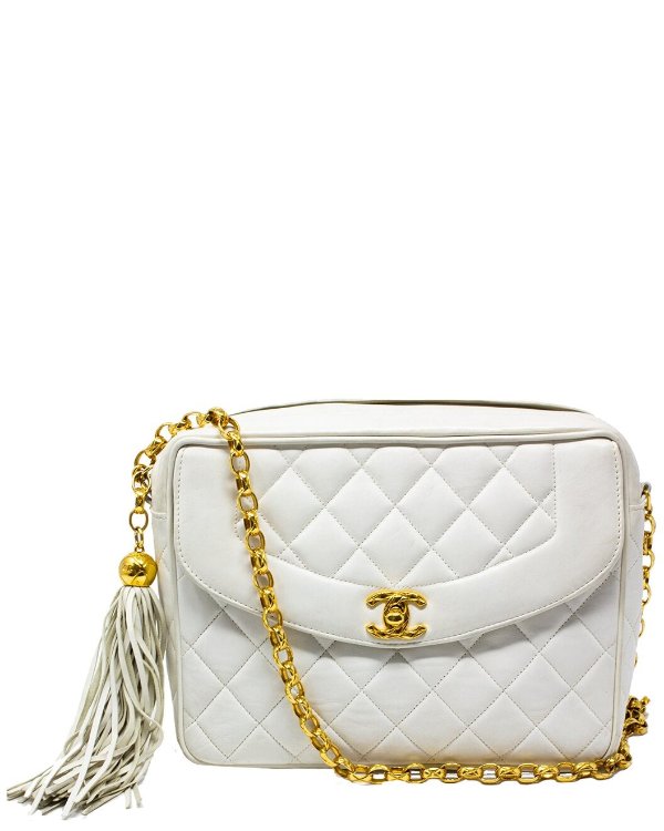White Quilted Lambskin Leather Tassel Front Single Flap Bag