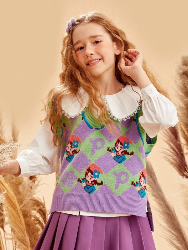 Teen Girls 1pc Figure & Letter Pattern Sweater Vest
