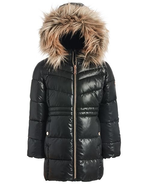 Little Girls Stadium Puffer Jacket With Removable Faux-Fur-Trimmed Hood