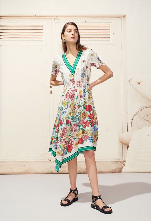 Asymmetric V-neck floral print dress