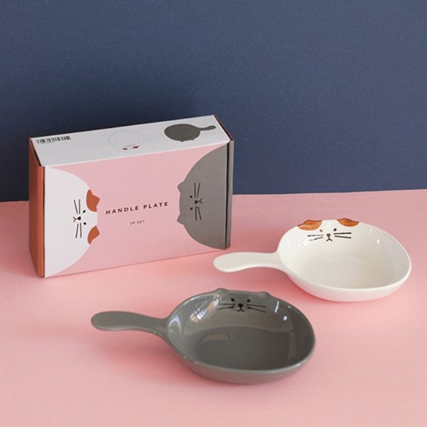 韩国DAILYLIKE 带把手小盘子 甜点盘小食盘水果沙拉碗 2件套 猫咪 13.5 x 13 x 3.5 cm