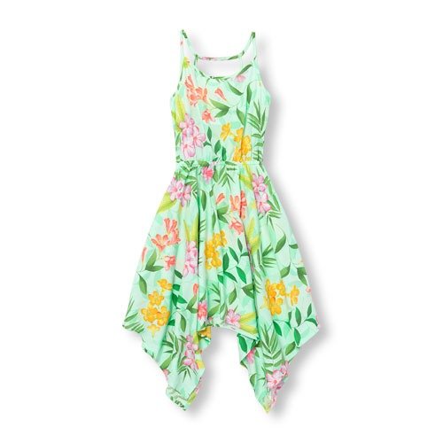 Girls Mommy And Me Sleeveless Tropical Floral Print Hanky-Hem Matching Dress