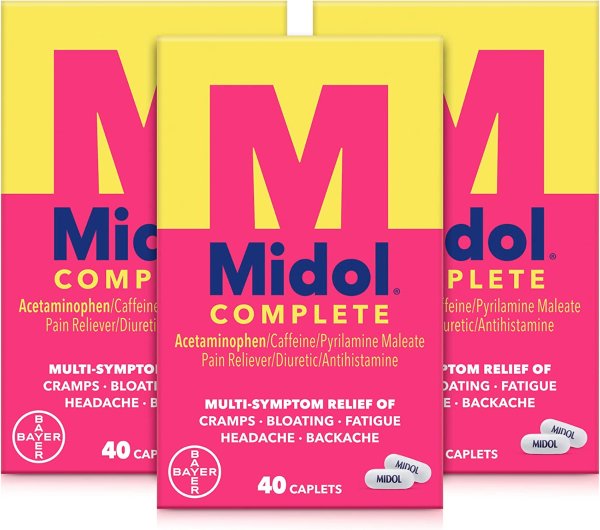 Complete Menstrual Pain Relief Caplets with Acetaminophen for Menstrual Symptom Relief - 40 Count (Pack of 3)