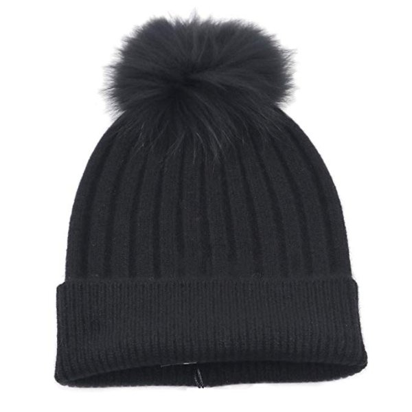 Real Fur Pom-Pom Hat 100% Pure Cashmere Cuffed Beanie•Ultimately Soft and Warm