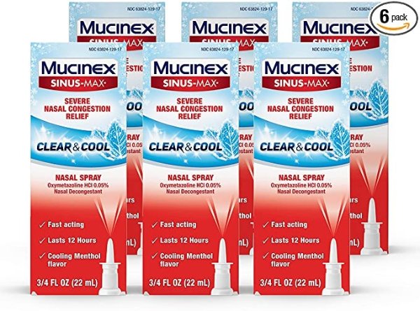 Nasal Decongestant Spray, Sinus-Max Severe Nasal Congestion Relief Clear & Cool Nasal Spray, 0.75 fl. oz., Lasts 12 Hours, Fast Acting, Cooling Menthol Flavor, Packaging May Vary (Pack of 6)