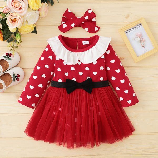 2-piece Baby Sweet Heart Bowknot Tulle Romper and Headband Set