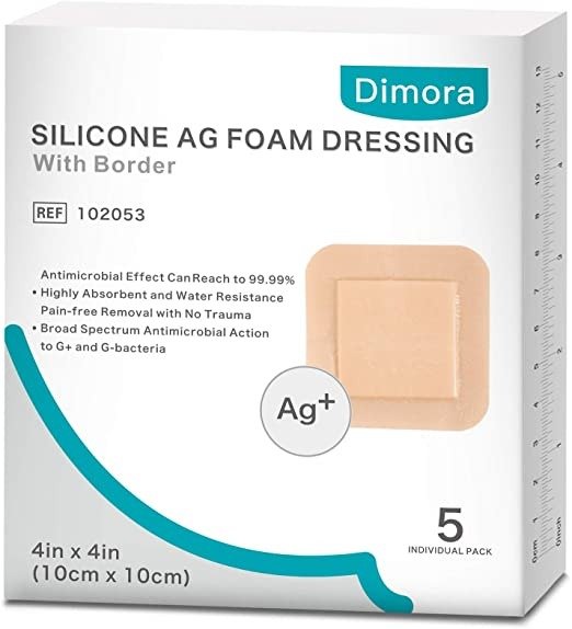 Silver Silicone Foam Dressing with Border Adhesive Waterproof, Dimora Sterile Absorbent Ag Wound Care Silicone Bandage, 4"x 4" (10cm x cm Pad), 5 dressings/Box