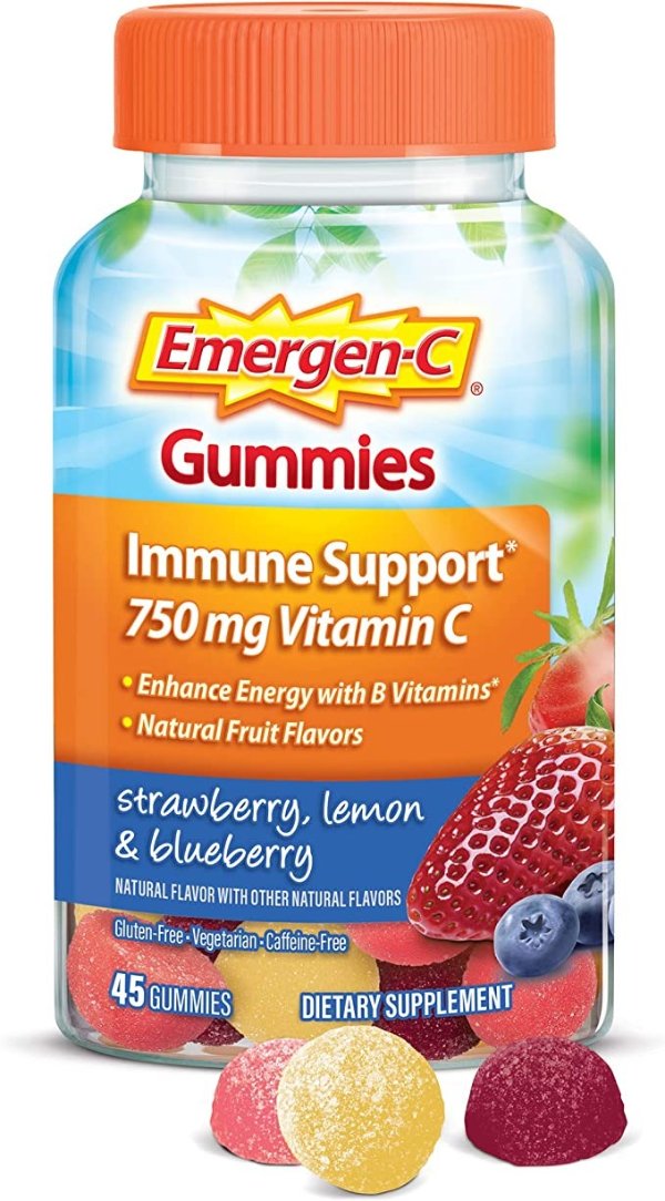 -C 750mg Vitamin C Gummies for Adults, Immune Support Gummies, Gluten Free, Strawberry, Lemon and Blueberry Flavors - 45 Count