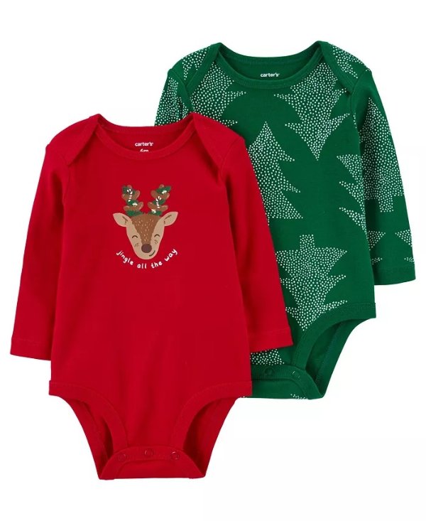 Baby Boys and Baby Girls Christmas Long Sleeve Bodysuits, Pack of 2