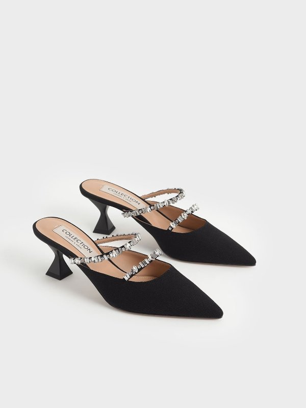 Black Canvas Double Gem Strap Mules | CHARLES & KEITH