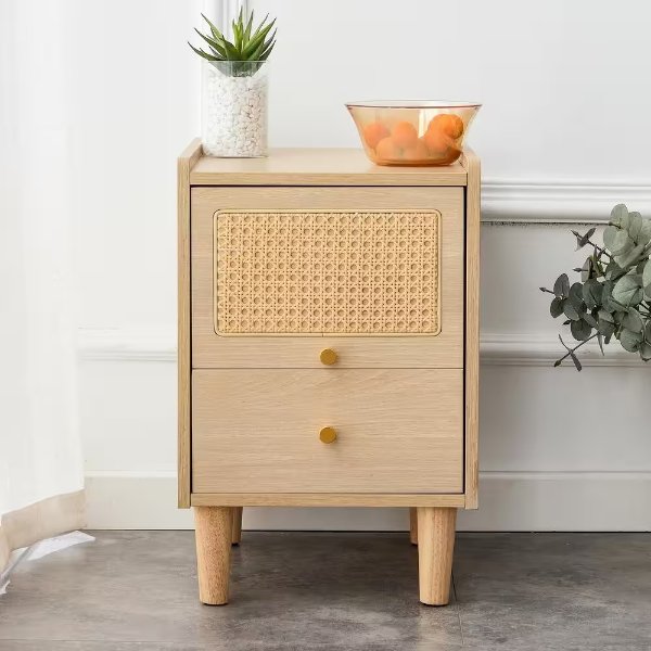 16.54 in. Modern Simple Stytle Natural Color 2-Drawers Japanese Rattan Nightstand
