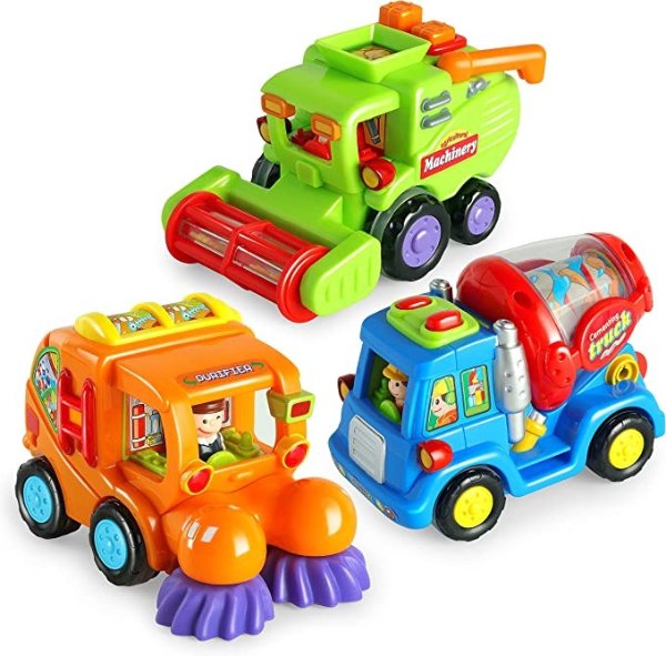 Friction Powered Cars 3 Pack Construction Vehicles Toys Set of Harvester,Sweeper,Cement Mixer Trucks for Year Old Kids Gifts