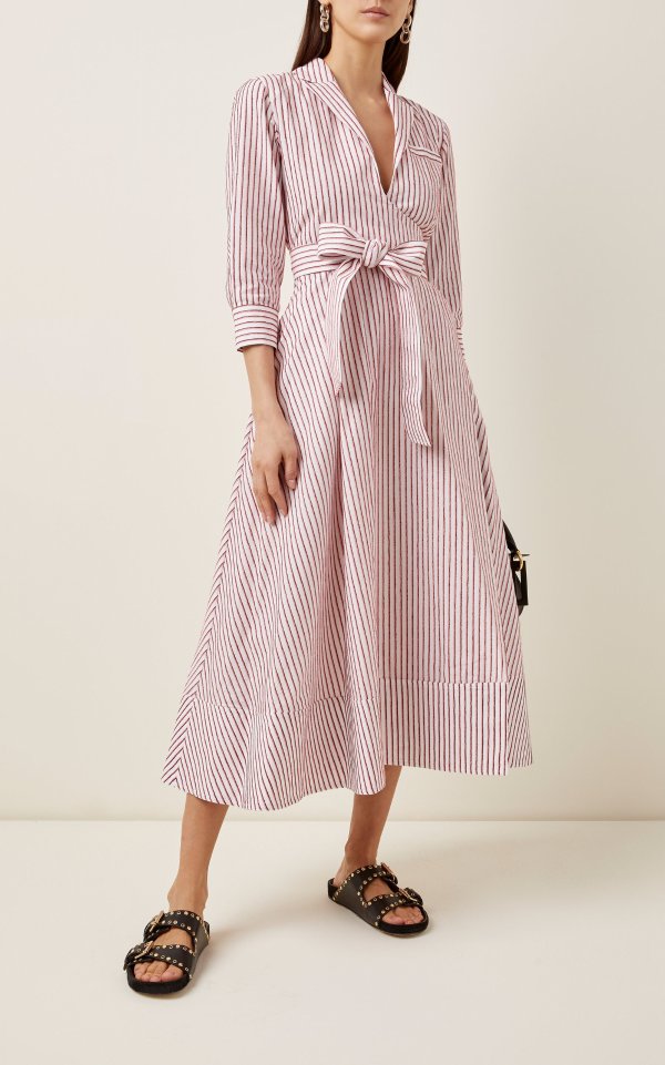 Striped Belted Cotton Wrap Dress
