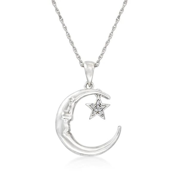 Diamond-Accented &quot;Love You to the Moon and Back&quot; Star and Moon Pendant Necklace in Sterling Silver. 18&quot; | Ross-Simons