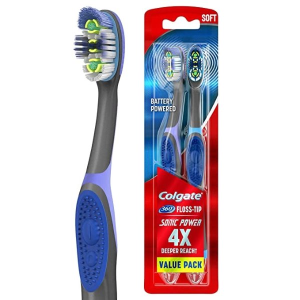 360 Sonic Battery Power Electric Toothbrush with Floss-Tip Bristles and Tongue and Cheek Cleaner, Soft - 2 Count