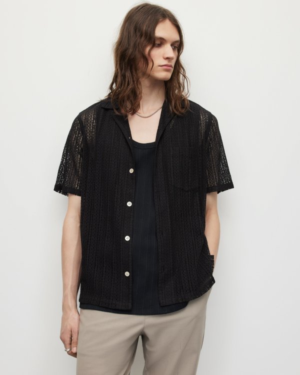 Cala Floral Lace Sheer Relaxed Shirt Jet Black | ALLSAINTS US