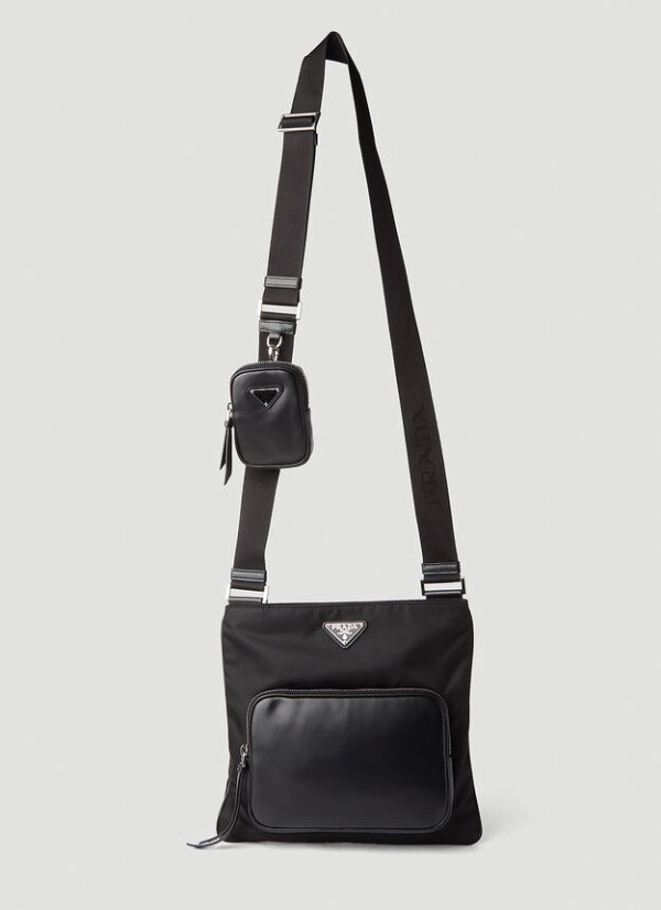 Recycled-Nylon and Leather Crossbody Bag in Black