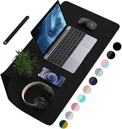 Desk Pad Desk Protector Mat - Dual Side PU Leather Desk Mat Large Mouse Pad, Writing Mat Waterproof Desk Cover Organizers Office Home Table Gaming Decor （Black/Black, 23.6" x 13.8")